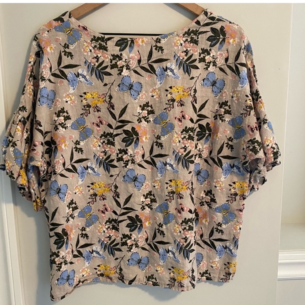 Viola Borghi Italy Linen Butterfly Floral Short Sleeve Top Blouse Large